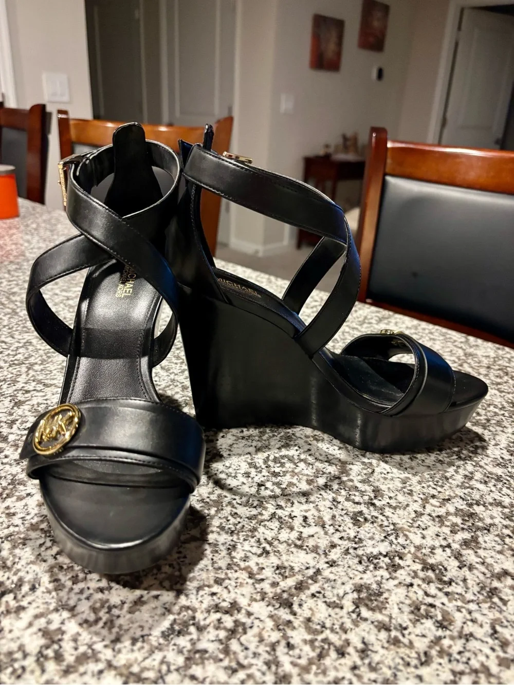 Michael Kors Black Leather Wedge Sandal with Gold MK Emblem